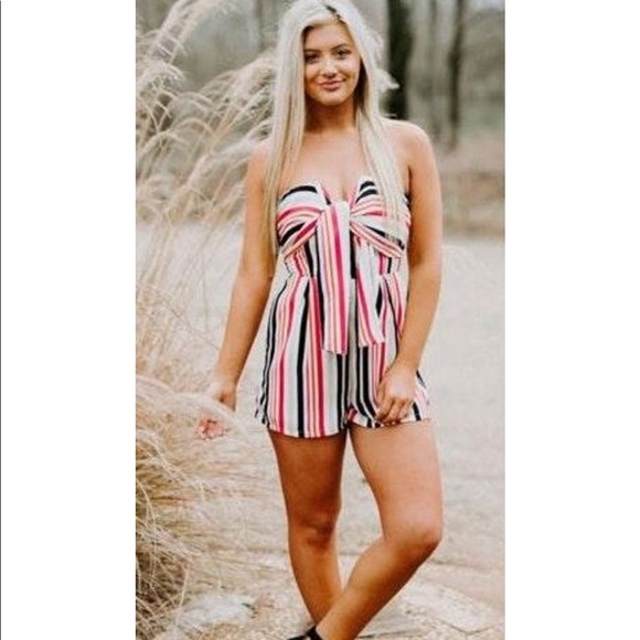 Striped Tie Front Romper - Picture 3 of 3